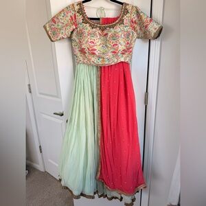 Floral Embroidered - Mint & Coral Lengha Set